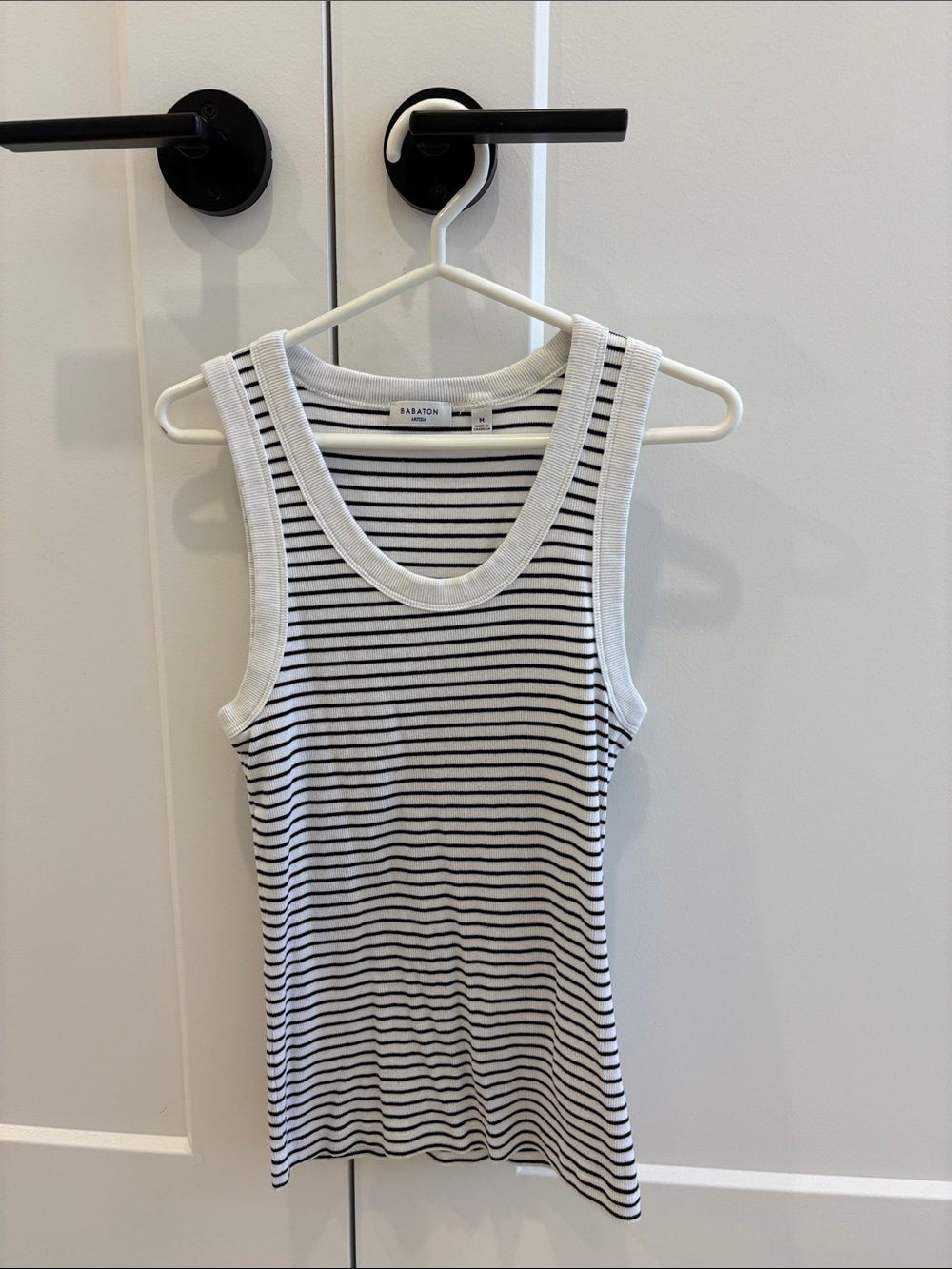 Babaton White and Navy Striped Ribbed Tank Top